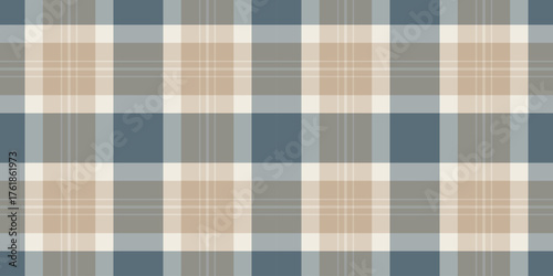 Seamless plaid pattern. Soft blue, tan and gray colors create a calming, balanced textile. Ideal for backgrounds, textiles,  graphic designs.