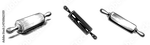 set of rolling pin vector illustrations, black and white for baking and kitchen utensils