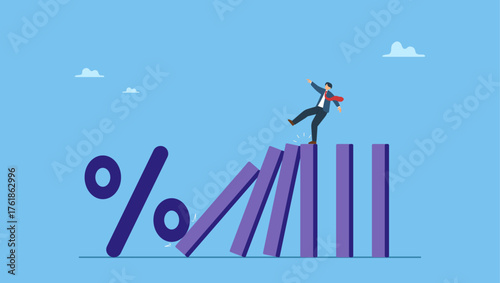 Percentage sign fall to cause domino collapse causing businessman investor falling. Interest rate and inflation percent impact economy and investment market, federal reserve monetary policy.