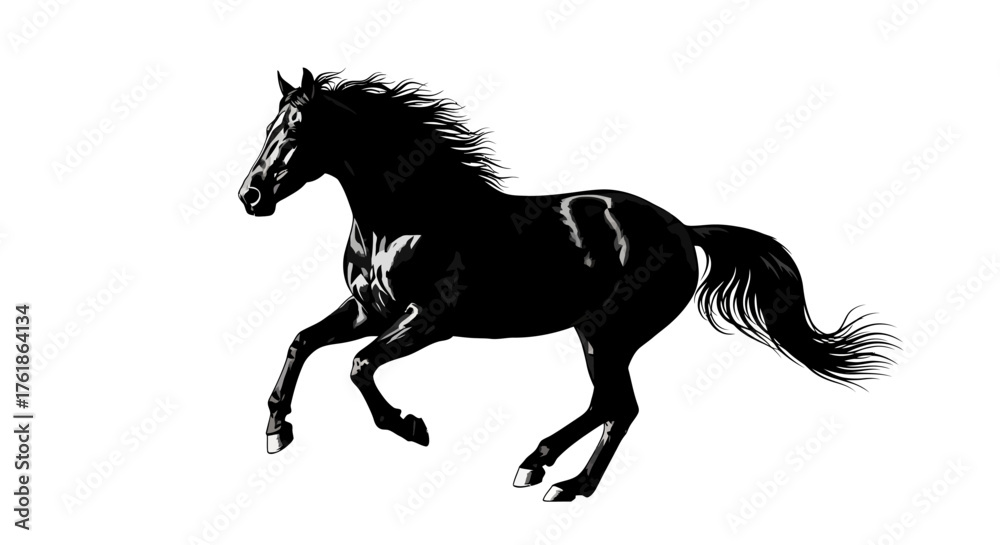 Obraz premium Majestic black stallion gallops with flowing mane and tail, exuding power and freedom across a clean white background.