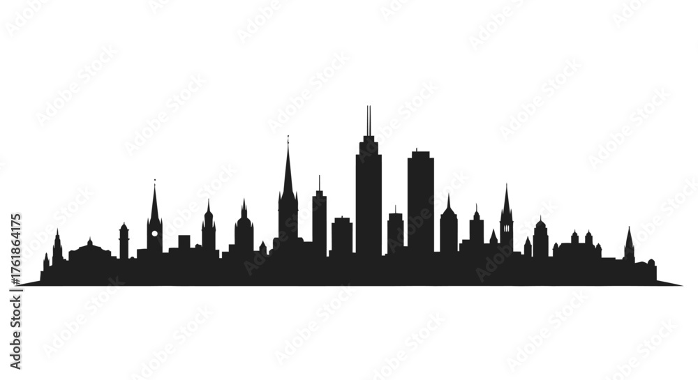 Fototapeta premium Modern city skyline silhouette showcasing diverse architecture and urban development, perfect for corporate presentations and city branding.