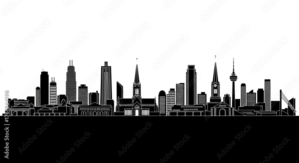 Obraz premium Striking black and white city skyline silhouette featuring diverse architectural styles and iconic landmarks