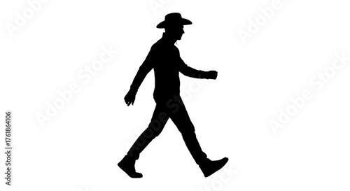 Confident cowboy silhouette striding forward with purpose, embodying adventure and independence on a white background