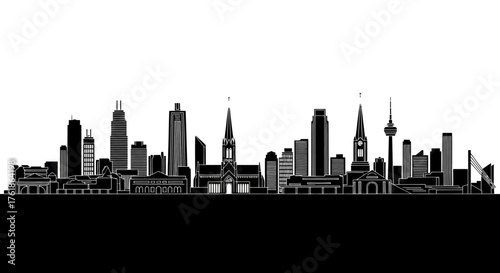 Striking black and white city skyline silhouette featuring diverse architectural styles and iconic landmarks