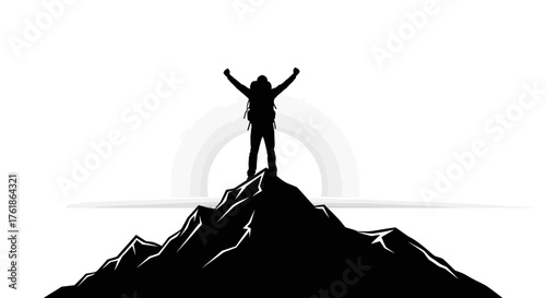 Triumphant hiker silhouette celebrating mountain peak achievement in stark black and white landscape, embodying determination and outdoor adventure lifestyle
