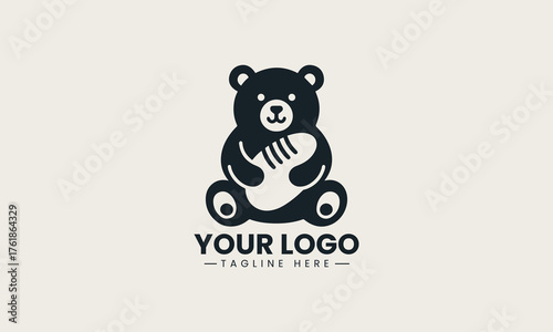 Cute bear chef mascot happily holding pastry and spoon vector logo illustration design