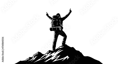 Conquering the summit, a hiker celebrates reaching the mountain top with arms raised in victory, inspiring adventure and determination