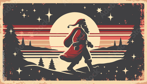  A vintage-inspired scene of Santa strolling across a snowy hillside as a warm sunset glows behind dark pines and twinkling stars, capturing nostalgia and holiday wonde