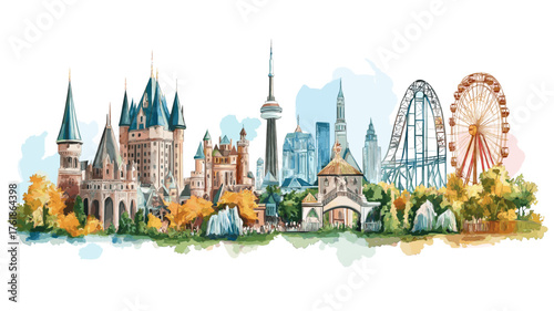 Canada's Wonderland. Canada's Wonderland hand drawn watercolor illustration
