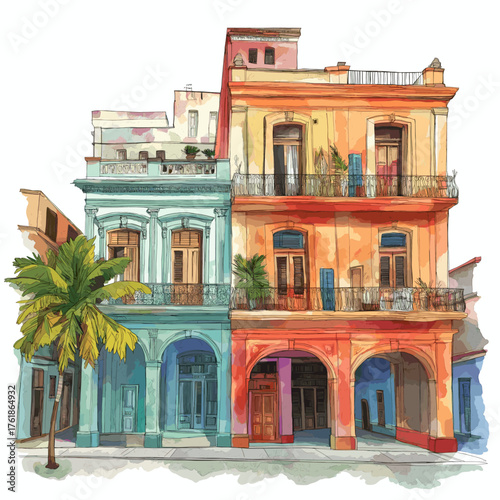 Havana Old Town. Havana Old Town hand drawn watercolor illustration