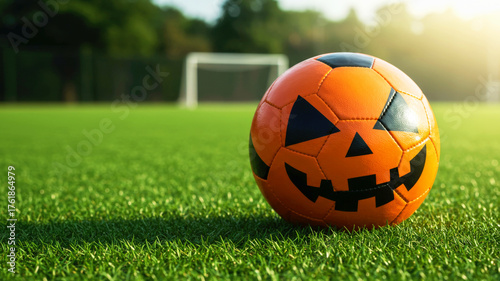 Orange soccer ball with Halloween pumpkin face on green grass field. Sport celebration concept for Halloween event or party poster.
