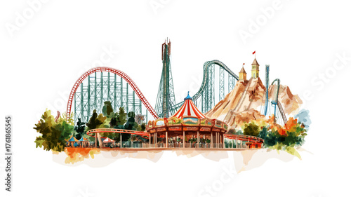 Six Flags Magic Mountain. Six Flags Magic Mountain hand drawn watercolor illustration