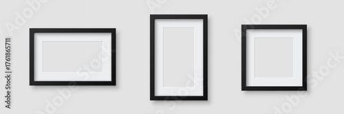Black photo frames set. Three empty picture frames in horizontal, vertical, and square orientations with soft shadow. Minimal wall decor mockup. Realistic vector illustration.