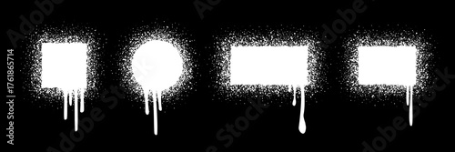 Spray paint frames with dripping ink effect in square, circle, and rectangle shapes. Grunge stencil borders in black with scattered spray texture. Urban graffiti style vector illustration.
