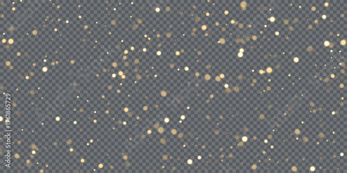 Golden glitter dust overlay on transparent background. Soft glowing particles scattered in random pattern for celebration, luxury, wedding, festive designs. Sparkle vector illustration.