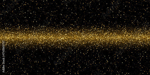 Gold glitter confetti on black. Shiny glowing particles concentrated in horizontal band across center, fading at top and bottom. Elegant festive decoration for luxury themes. Vector illustration.