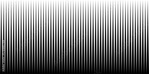 Line background. Vertical black and white spike lines forming gradient illusion. Sharp elongated triangles taper upward with high contrast for abstract optical, soundwave effect. Vector illustration.