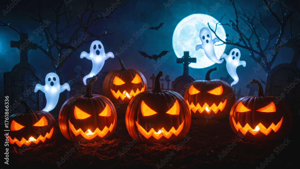 Fototapeta premium Jack o lantern pumpkins glowing in a spooky graveyard scene with ghosts and bats under blue full moon for Halloween night.