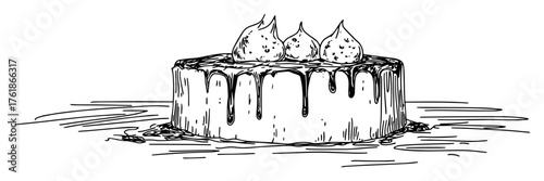 hand drawn round cake with frosting sketch isolated on white vector illustration