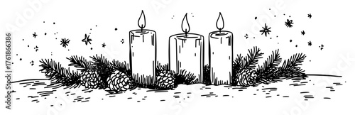 hand drawn three advent candles pine cone snow sketch isolated on white vector illustration