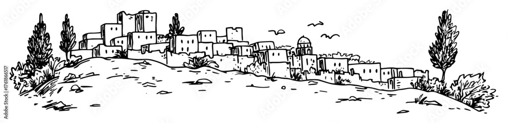Obraz premium old mediterranean village on a hill sketch vector illustration