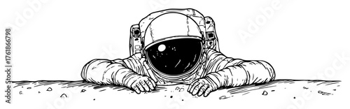 curious astronaut peeking over moon crater sketch vector