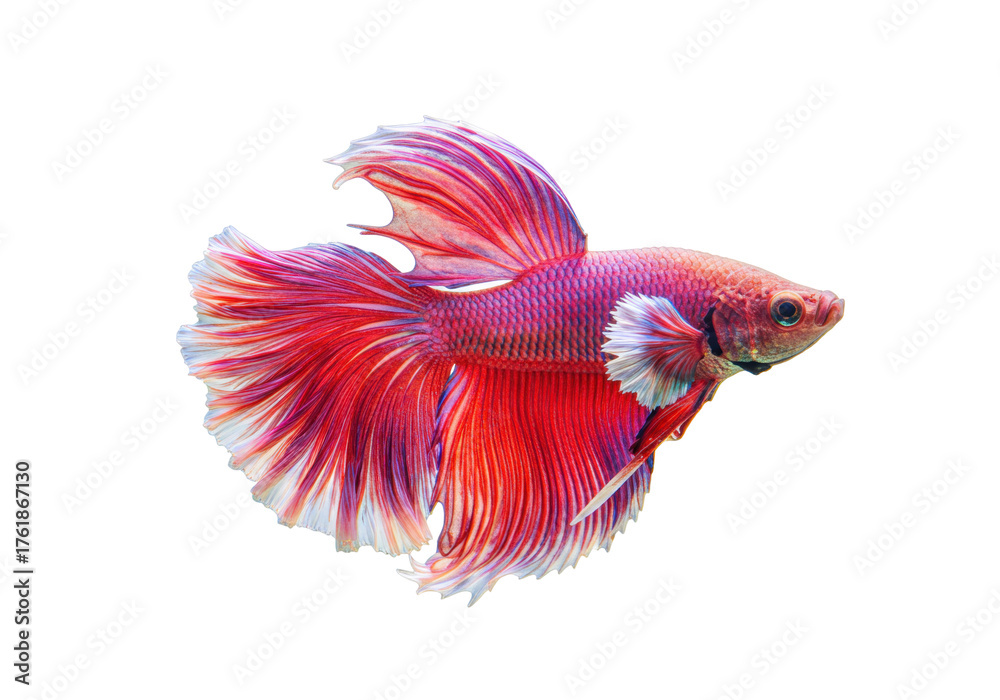 Fototapeta premium Isolated Siamese fighting fish with vibrant red & pink fins, in full body, side view
