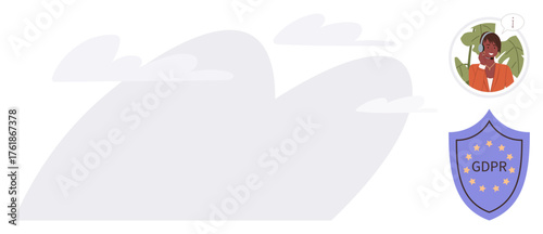 Shield marked GDPR and stars illustrating data protection, accompanied by a person with alert, clouds. Ideal for privacy, compliance, technology, internet, safety awareness lawful. Simple flat