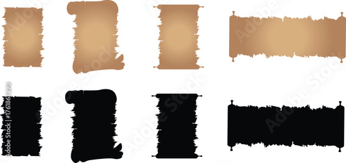 Old letter scroll set, vintage parchment collection, ancient manuscript group, old paper sheet bundle, antique document scrolls, flat style retro writing paper illustration design