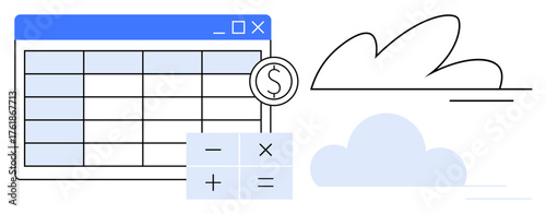 Spreadsheet interface with grid, calculator, and dollar sign representing finance and calculations with cloud elements. Ideal for budgeting, accounting, analysis, planning, remote work, technology