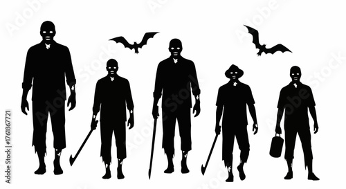 Silhouettes of a zombie procession with staggering figures perfect for eerie Halloween and horror themed designs.