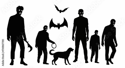 Silhouettes of a zombie procession with staggering figures perfect for eerie Halloween and horror themed designs.