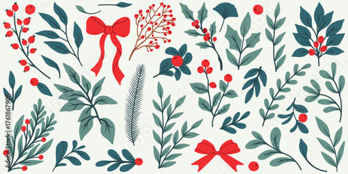 Hand-drawn winter botanical vector set with holly, pine branches, red berries, mistletoe and leaves. Flat modern Christmas clipart for holiday decoration and design.