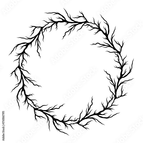 Botanical Wreath with twigs and branches vector illustration. Black outline Frame with twisted plants for autumn Invitations and greeting cards. Etching of circular border for fall postcards design.