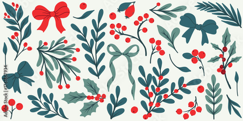 Hand-drawn winter botanical vector set with holly, pine branches, red berries, mistletoe and leaves. Flat modern Christmas clipart for holiday decoration and design.