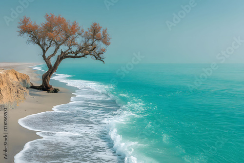 Lone Tree on Pristine Beach with Turquoise Waves Serene Coastal Landscape for Tranquility and Relaxation