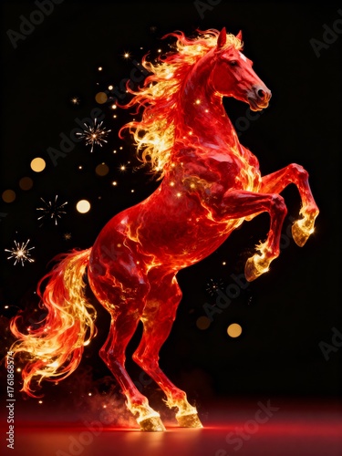 Majestic red fiery horse rearing up on dark background with sparks
