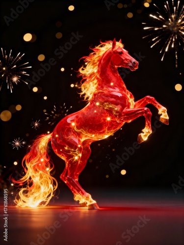Red flaming horse standing on hind legs with glowing mane and sparks