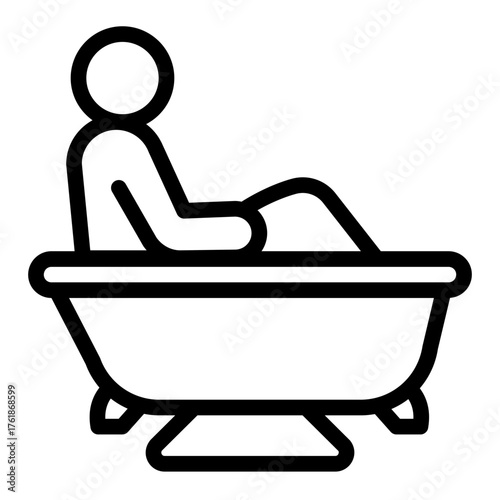 Human in bathtub line icon, spa salon concept. Vector graphics. Bathroom with towel and mat, bath time sign on white background, style icon mobile or web design.
