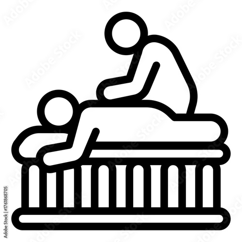 Masseur with man on wooden bed line icon, spa massage concept. Vector graphics. Massaging art for client back, therapy sign on white background, style icon mobile or web design.