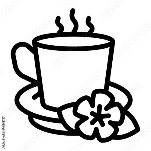 Flower with ceramic cup on saucer line icon, spa salon concept. Vector graphics. Scented herbal drink cup, aromatherapy sign on white background, style icon mobile or web design.