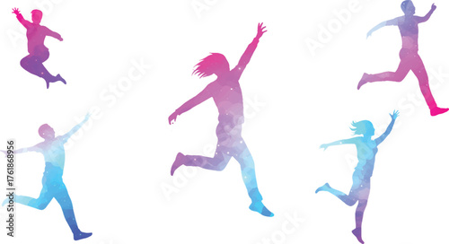 Dynamic Leap of Silhouettes: A vibrant scene captures the essence of movement and exuberance, with colorful figures silhouetted against a simple background. They leap and dance.