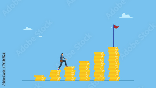 Success woman investor step on money coins stack to reach financial goal. Woman investing, savings or investment for lady or female, growing wealth with compound interest, earning or profit.