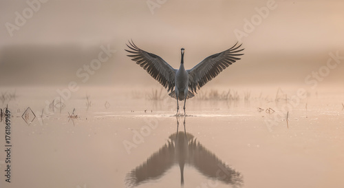 Cranes spreading wings over a tranquil body of water during early morning fog in a serene landscape