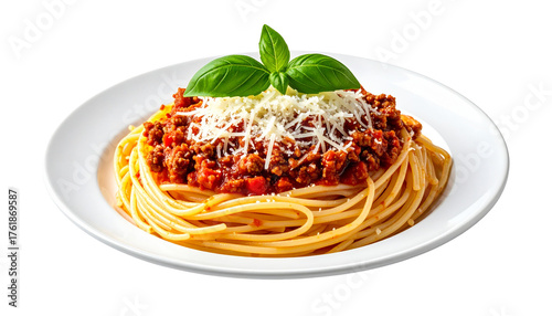 Delicious spaghetti Bolognese topped with grated cheese and a fresh basil leaf, served on a white plate isolated on solid white background Png form