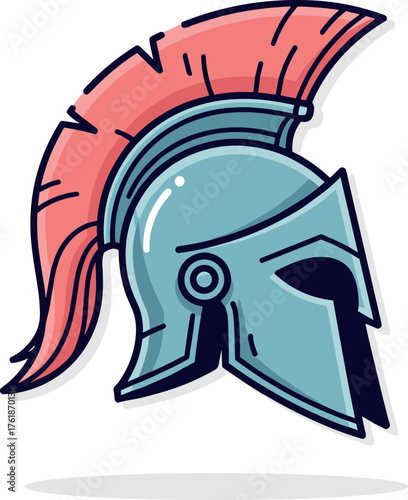 Ancient Spartan Helmet Flat Icon with Red Plume