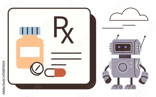 Medicine bottle, pills, prescription icon with robot symbolizing medical AI. Ideal for healthcare, innovation, pharmacy, AI integration, medical technology robotics problem-solving. Simple flat