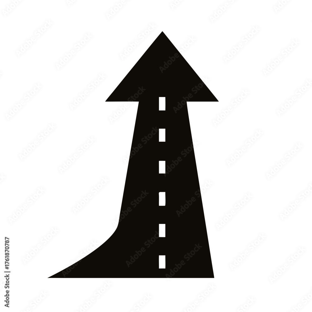 Fototapeta premium A black arrow pointing upwards with a curved base and dashed line representing a road on white background
