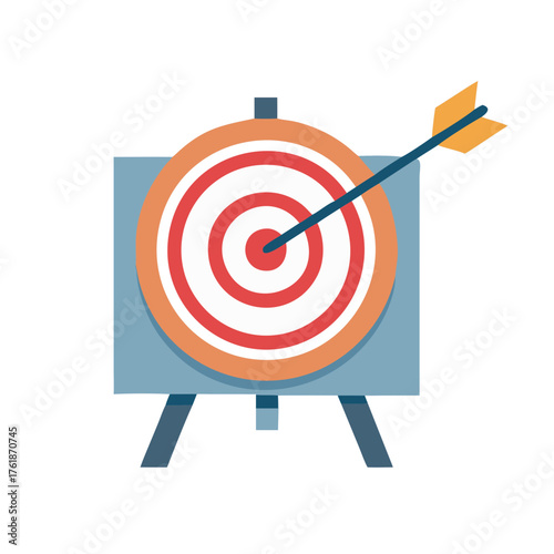 Illustration of a target on a stand with an arrow hitting the bullseye in a flat design style image