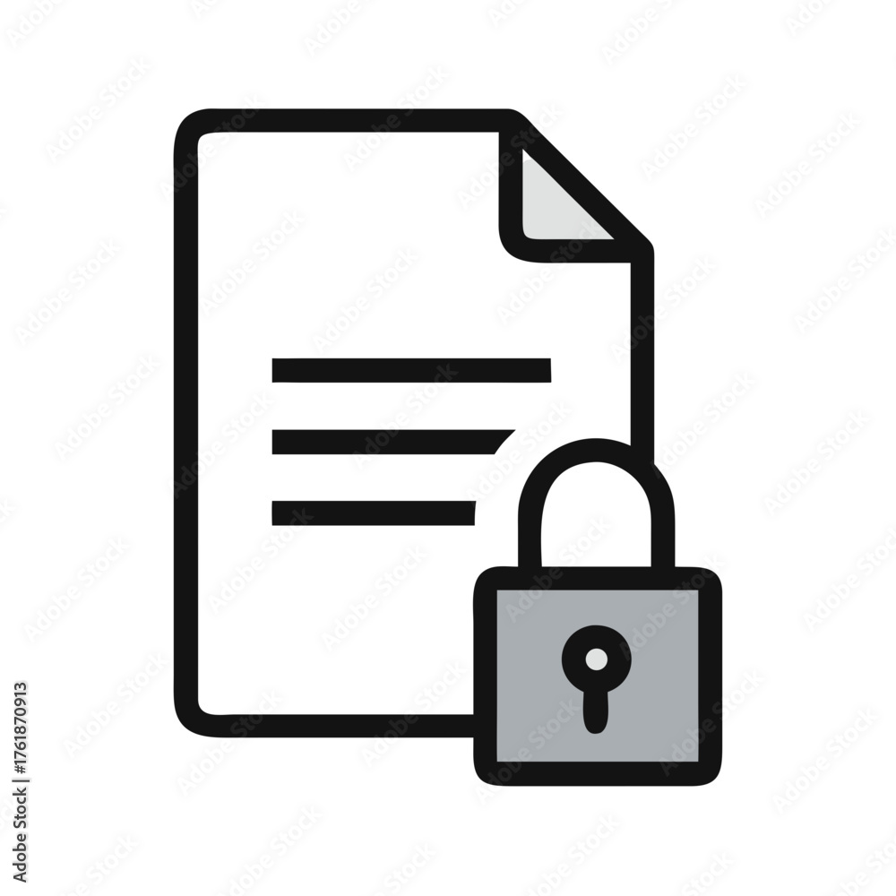 Fototapeta premium A document with horizontal lines and a folded corner secured by a gray padlock on a white background